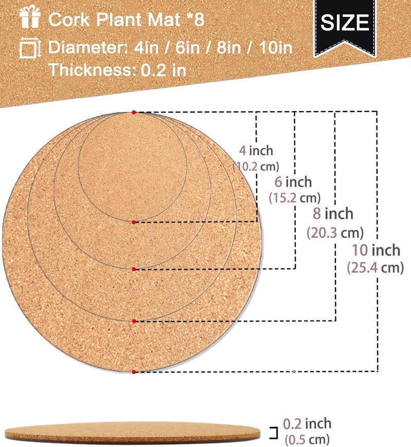 KITLAB Cork Plant Coasters - 4 Sizes Double Layers 4/6/8/10 Inch Planter Coaster, Absorbent Mats for House Plants, 8 Pcs - Image 3